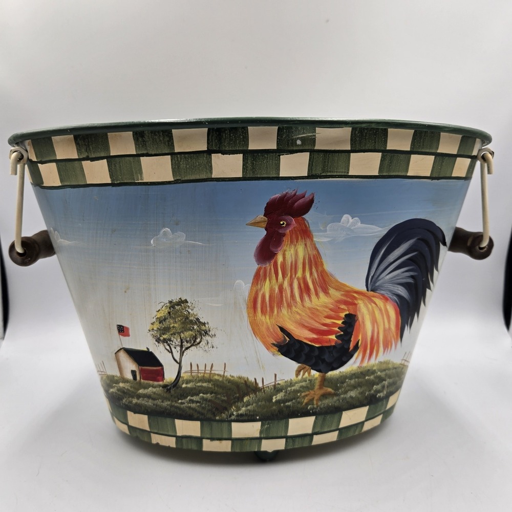 Handpainted Rooster Decorative Large Tin Pail Bucket 13x9" CountryCore Farmhouse